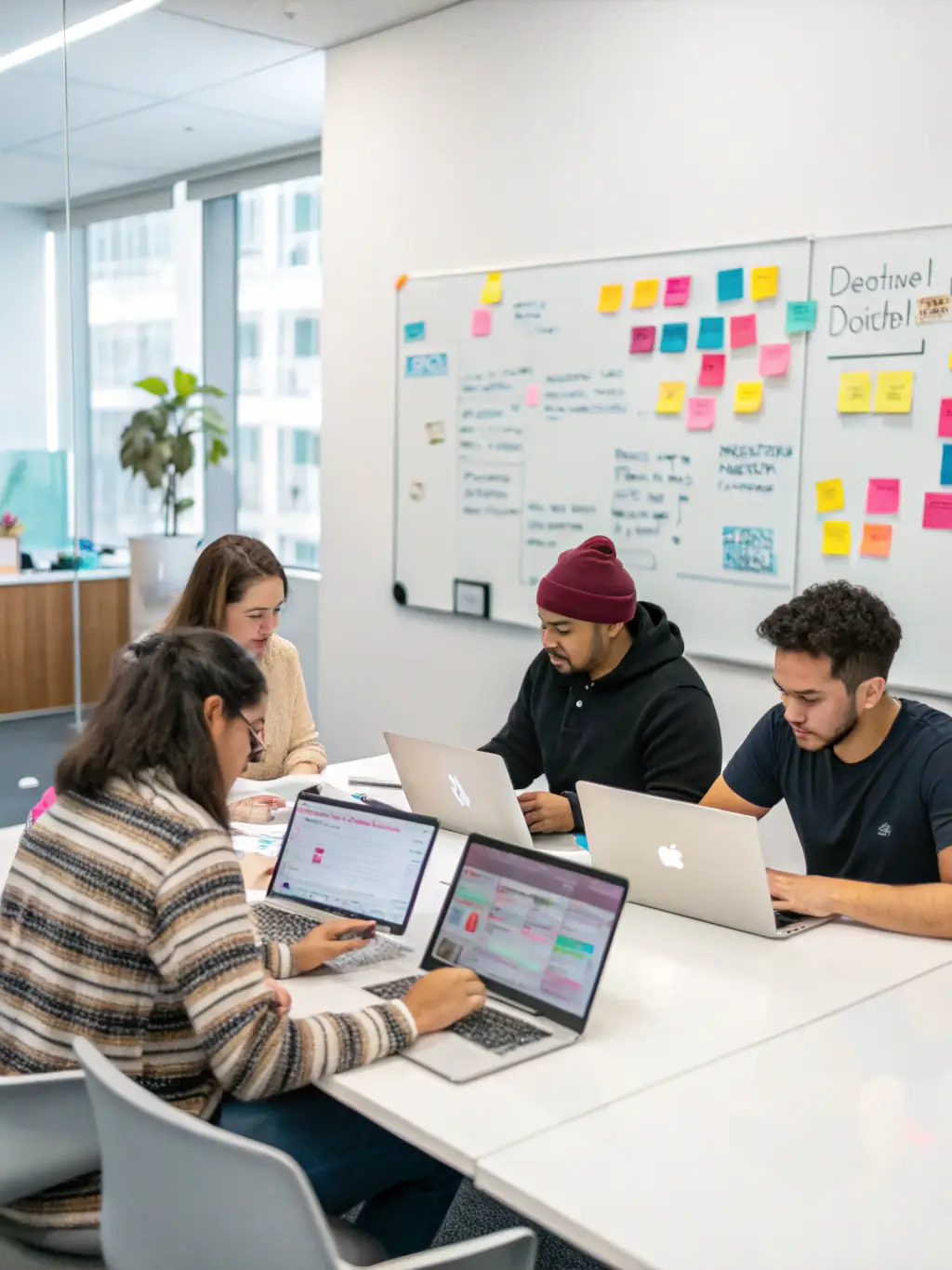 A group of people are editing video footage on computers, collaborating on a post-production project.