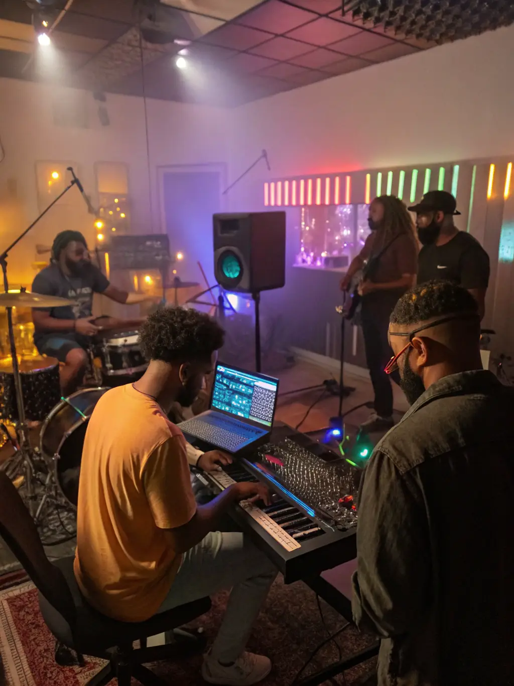 A group of people are gathered around a mixing console, adjusting levels and effects during a music production session.
