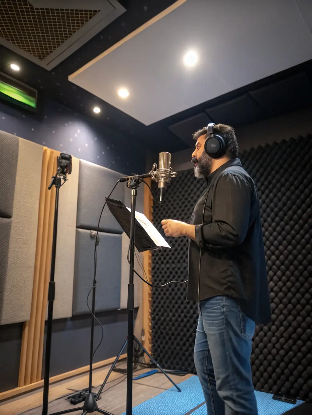 A person is holding a microphone in a recording studio, focusing on capturing high-quality audio for a musical project.